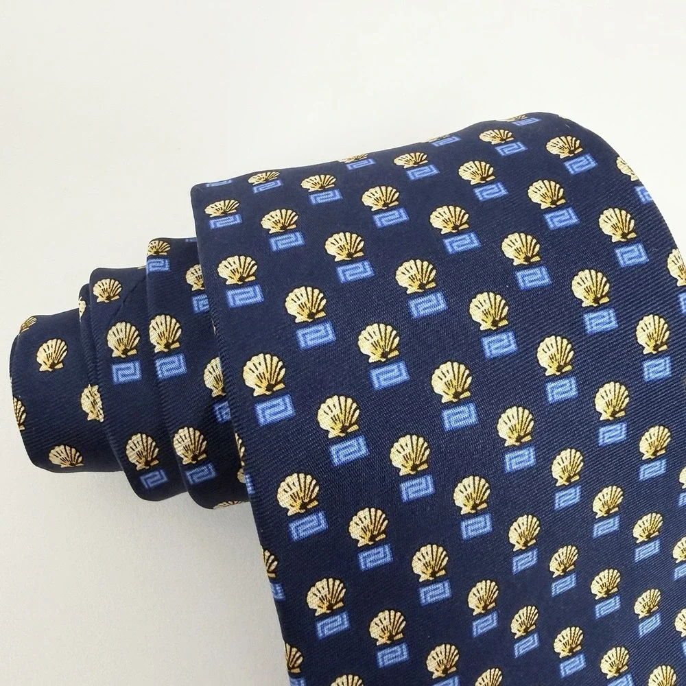 Versace Men's Recent Tie Greek Key Shells Navy/Khaki Silk 3.5